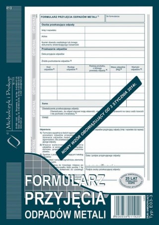 FORMULARZ PRZYJECIA ODPADÓW METALI E03-3  .