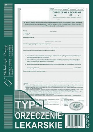 ORZECZENIE LEKARSKIE TYP 1 851-3  .