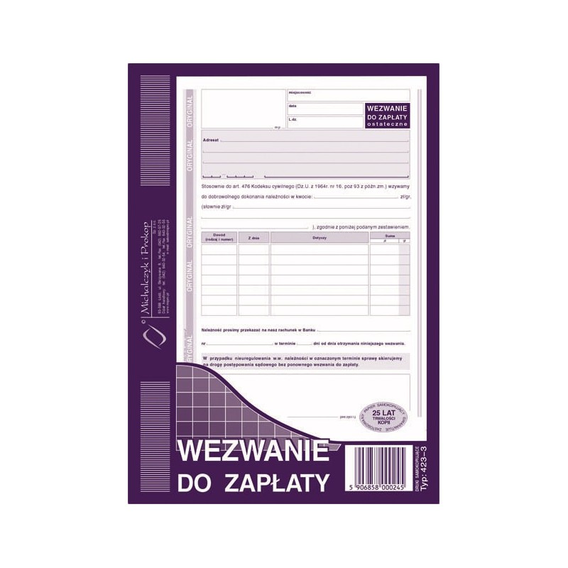 WEZWANIE DO ZAPŁATY  . 2019