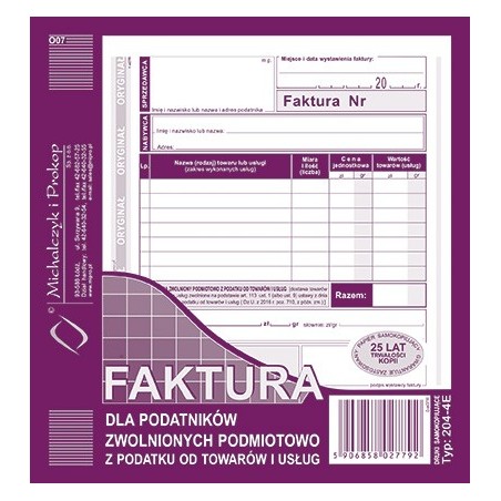 FAKTURA 204-4 2/3 A5 PODATNIK ZWOLN.  .
