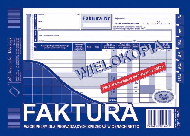 FAKTURA 100-3E A5 WIELOKOPIA  .